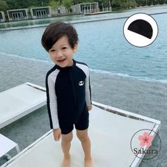 水着 キッズ 男の子 子供 ワンピース水着 長袖 ジュニア 子供水着 オールインワン ショート丈 パンツ スイムキャップ 水泳帽付き 子供用 ベ