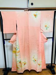 訪問着 正絹 花柄刺繍 絞り淡いオレンジ 材料等に - メルカリ