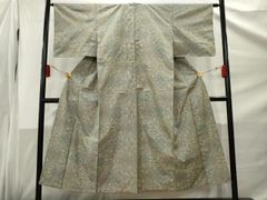 本場大島紬 特・横双絣 正絹 中古 ライトグレー 笹 水色 白大島 【mm49