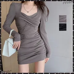 ワンピース ショート丈 レディース 2色韓国風 ハイウエスト タイト 長袖ワンピース シャーリング 可愛い おしゃれ 着やせ セクシー オルチャンミニタイトワンピ ワンピース 春秋冬 長袖無地ワンピース
