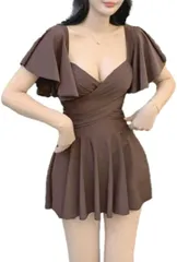 ISLAYCAOLILA 水着 レディース ワンピース カシュクール フレア スカート スイムドレス フリル パッド入り ワイヤーなし ED5( ブラウン,  M)