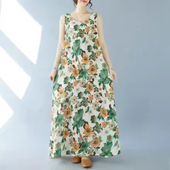 夏 ワンピース ロングワンピース レディース ロングワンピ タンク綿麻 ワンピース タンクワンピ リゾートワンピ 大人 可愛い  緑 総柄 花柄chaoliu79