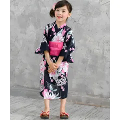 Bee 浴衣3点セット◇セパレートタイプ×黒地ユリ◇子供服 キッズ 女の子 花火大会 夏祭り 夏 100 110 120 130 140 150のサムネイル