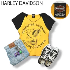 00s ヴィンテージ ハーレーダビッドソン HARLEY DAVIDSON グリフィン プリント ラグランT カットオフ Uネック Tシャツ L イエローxブラック ストリート アメカジ レディース♪