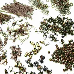 V-020 アクセサリー基礎パーツ13種セット【アンティーク】金古美 フックピアス カツラ ボールチップ つぶし玉 座金 メタルビーズ バチカン アジャスター カニカン Tピン 9ピン 丸カン ハンドメイド金具