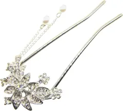 Miaomyao ミャオミャオ 簪 かんざし バチ型 髪飾り 和装 留袖 着物 金属 アンティーク クリスタルフラワー 花 キュービックジルコニア U字 コーム ヘアアクセサリー(シルバー,  小さめ)