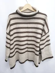 ◇ ⊆ Alma Design アルマデザイン ボーダー柄 タートルネック 七分袖 ニット サイズM ベージュ ブラウン レディース E  【1410230013876】
