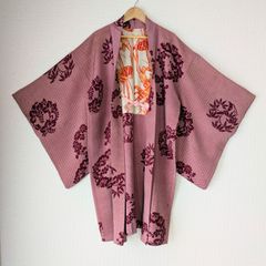 Japanese Vintage Haori Long Chirimen Lined with lobsters Pattern Silk Kimono 長羽織 羽織 正絹 縮緬 鹿の子 裏地が伊勢海老 古布 時代布 一点物 大正浪漫 和洋折衷
