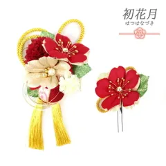 髪飾り 成人式 水引 赤 振袖 袴 花 2点セット 花 シャンパンゴールド 白 ちりめん 房 組紐 玉飾り ラメ 和柄 パール 大きい か No.12-0299