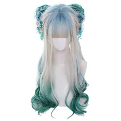 【新着商品】ロング カール ウィッグ 白 緑 青 メッシュ 原宿風 GAL系 ゴスロリ コスプレ 巻き髪 カツラ 耐熱 ロリータ 森ガール ゆめかわいい お姫 小顔 パーティー ハロウィン 仮装 日常 かつら wig