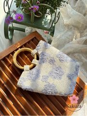 【人気レディースバッグ】レース 立体花 竹ハンドル 手提げバッグ 紫 花柄 清楚系 ナチュラル 大人可愛い 夏コーデ