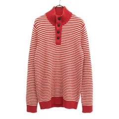 TOMMY HILFIGER トミーヒルフィガー ボーダー柄 長袖 ハーフボタン ニット M レッド系 セーター メンズ 古着