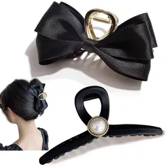 2色H [アオラー]Aollaaヘアクリップ ヘアバレッタ【上品な気分溢れる！リボン＆パール2本Mix】大きめ 髪留めバンスクリップ 人気韓国風 おしゃれ髪飾り ヘアクロー 黒 しっかり髪留め 強力ホールド ヘアアクセサリー 髪とめクリップ ヘアアレンジ 2p