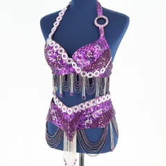 【ベリーダンス用 オリエンタル衣装】パープル QIAOSHI スパンコールラメ×ビーズ 豪華 紫 シルバー 花柄 光沢 ラメ 華やか ベリーダンス 衣装 スパンコール ビーズ 紫色 トップス ベルト セット ステージ用 伸縮性 ダンス イベント衣装 豪華装飾
