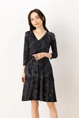 フィフィーユ(FIFILLES)ワンピース T1 T2 T3サイズ 七分袖 膝丈 カシュクールネック ペイズリー柄 ジャージー生地 レディース フランス製 ワンピース ブラック
