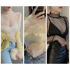 【新品】タートルネックシースルー★インナー★シアー★ブラック★ホワイト★クリーム★ドット柄★ブラウス★水玉