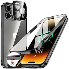 【数量限定】メタルフレーム アルミバンパーケース 耐衝撃 カバー 傷防止 アイフォン14プロ 高感度タッチ 【一体型レンズ保護】 薄型 9H硬度 軽量 【両面強化ガラス】 ワイヤレス充電対応 クリア ストラップホール付き ケース iPhone14 iPhone