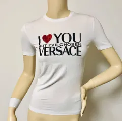 美品★VERSACE・ヴェルサーチ レディース ブランドロゴプリント ハートラインストーンデザイン クルーネック Tシャツ (36) イタリア製 トップス カットソー 半袖 ホワイト