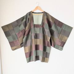Japanese Haori dress Michiyuki coat Checkered pattern Silk Kimono Jacket 長羽織 羽織 正絹 道行コート 市松模様 侘び寂び色 一点物 大正浪漫 和洋折衷