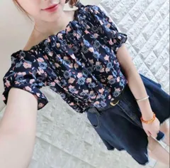 オフショルダー ブラウス 花柄 シフォン パフスリーブ