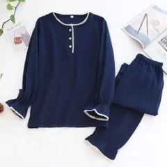 ☆ ネイビー ☆ XL ☆ パジャマ レディース 綿 ダブルガーゼ ルームウェア パジャマ コットン 上下セット ルームウェア レディース 部屋着 ナイトウェア セットアップ 薄手 綿 長袖 ロングパンツ 長そで パンツ ズボン 寝巻き 春 夏 秋