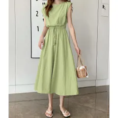 ☆ ライトグリーン ☆ Lサイズ ☆ ワンピース lydress02 ワンピース ノースリーブ レディース ワンピ ラウンドネック ミドル丈 リボン コットン 無地 綿 ひも 紐 シンプル カジュアル 通学 通勤 かわいい おしゃれ