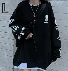 ブラック トレーナー スウェット 重ね着風 宇宙 星柄 プリント デザイン レディース Lサイズ 長袖 トップス モード系 韓国系 カジュアル ストリート 黒 体型カバー 春 秋 冬 ゆるシルエット ライトアウター 写真映え 黒
