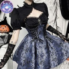 星【新品未使用】ダークゴシック lolita ゴシック風 ゴスロリ ロリータワンピースセット ブラックボレロ付き ハロウィン 魔女風 ブラック 