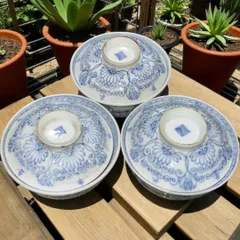 アンティーク雑貨 江戸後期 3客揃 蓋つき椀 お椀 食器 茶碗 和食器 染付 手描き 骨董