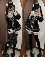 リボン　ブラック　黒　襟あり　量産型　地雷系　ワンピース　長袖　スカート　サブカル　服　ロリィタ　界隈　ロリータ　ぴえん系　女子