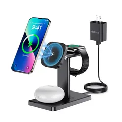 【数量限定】iPhone/Apple 15W/10W/7.5W 同時に3つのデバイス充電 Watch/Airpodsに対応(日本語説明書18WQC3.0アダプター付属）ブラック Qi急速充電 マグセーフ充電器 マグネット式 3in1ワイヤレス充電器 Magsa