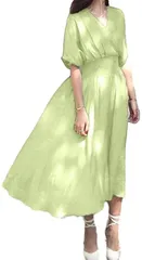 Sleeping Sheep(スリーピング シープ) スリーピングシープ カシュクール ナチュラル ワンピース Vネック 半袖 ミモレ丈 シンプル ゆったり ロングワンピ フレアワンピース( ピスタチオグリーン（改良版ボタン付き）,  L)