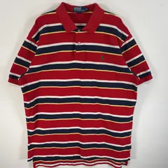 古着 90's/90年代 ポロバイラルフローレン Polo by Ralph Lauren 鹿の子 半袖 ポロシャツ ボーダー ロゴ 刺繍 大きいサイズ XL  レッド系 マルチカラー メンズ
