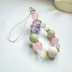 天然石ストラップ 水晶　翡翠　ローズクォーツ　ホワイトコラール恋愛金運 v14