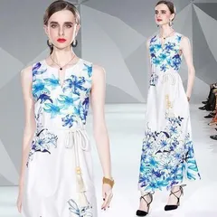 【ホワイト＆ブルー花柄★Ｌ】ロング ワンピース　ベルト付き　レディース　大きめ　体型カバー　ゆったり　Aライン