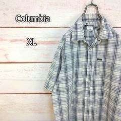 Columbia コロンビア 半袖シャツ ワンポイントロゴ 胸ポケット付き ホワイトベース ブルー系 他 チェック メンズ XLサイズ