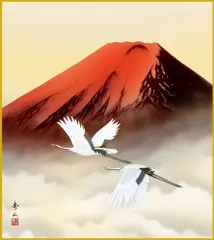 色紙  色紙掛けなし 色紙絵  和風 赤富士双鶴 鈴村秀山 モダン 掛軸 床の間 和室 おしゃれ 壁掛け 絵