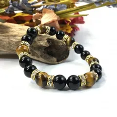 パワーストーン オニキス×タイガーアイ ブレスレット (ゴールド) 10mm メンズ・レディース 魔除け 厄除け 邪気祓い 目標達成   [11]