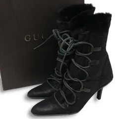 GUCCI グッチ 秋冬 ファー♪ レースアップ ムートン レザー ヒール ブーツ Sz.34　レディース 黒 イタリア製