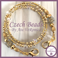 チェコビーズとゴールドマスクストラップ＆メガネストラップ　ハンドメイド　花　マスクホルダー　ゴールド　ビーズ　アレルギー対応　ベロニカ