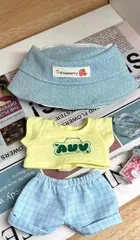 ぬいぐるみ服 17cm Labubu 人形服 ドール服 夏コーデ3点セット デニム風ハット プリントTシャツ ストライプパンツ カジュアル 爽やか 着せ替え ぬい撮り labubu対応 男の子 女の子兼用 love-009