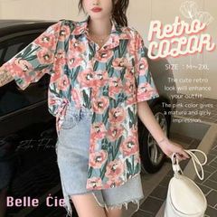 花柄 シャツ レディース 柄シャツ 半袖 半袖シャツ ブラウス 韓国ファッション 夏 トップス レトロ テロテロ アロハ おしゃれ かわいい 開襟