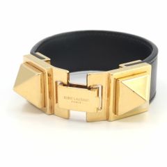 美品 サンローラン バングル スタッズ レザー ブラック ゴールド