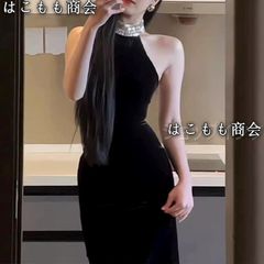 【美品・未使用新品】レディース ファッション ワンピース イブニング バースデー ドレス パーティー ハイエンド レディライク フレンチ ブラックベルベット ホルターネック