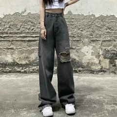 ダメージデニム ワイドパンツ ブラック ダメージ加工 ストリート ルーズデニム 韓国