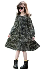 ブラック＋長袖_165 [美瑛屋] 子供服 可愛い花柄 ワンピース 長袖 女の子 春 秋 小花柄 フリル袖 フレア 韓国服 発表会 結婚式 お呼ばれ 普段着 旅行 七五三 フォーマル カジュアル ブラック 165