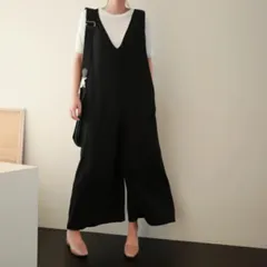 オーバーオール パンツ ボトムス サロペット つなぎ レディース ロングパンツ ワイドパンツ ロング 9分丈 袖なし ノースリーブ Vネック 襟なし ノーカラー ワイド ポケット 伸縮性 薄手 かわいい 大人可愛い きれいめ シンプル カジュアル 上品 おしゃ