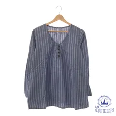 ☆美品☆ トップス Tシャツ Vネック ゆったり ボタン 長袖 レディース ストライプ MT 麻 901-2673 送料無料 古着のサムネイル