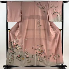 訪問着 身丈157cm 裄丈65cm M 袷 落款 草花 扇面 金彩 染分け ピンク 正絹 秀品 【中古】