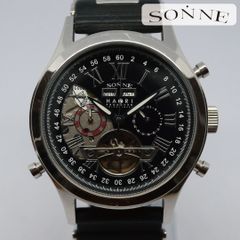 【稼働品】SONNE × HAORI ゾンネ H003-SVBK メンズ 腕時計 自動巻き トリプルカレンダー ローマン セミスケルトン オープンハート